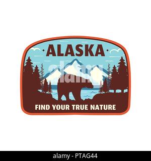 Alaska Abzeichen Design. Mountain Adventure Patch. American Travel Logo. Cute retro Style. Finden Sie Ihre wahre Natur individuelles Angebot. Sie wandern durch den Wald. Vektor Emblem Stock Vektor