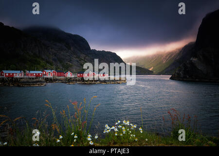 Kleines Fischerdorf Nusfjord Lofoten Inseln, Norwegen Stockfoto