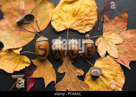 Shopping verkauf Schreiben auf die eicheln mit trockenen Blätter im Herbst auf schwarzem Hintergrund, flach Stil Stockfoto