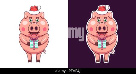 Weihnachten und Neujahr Schwein im flachen Stil. Vektor Zeichentrickfigur, heiter und lächelnd rosa Schweinchen mit Santa Claus hat und Geschenkbox, lustig und niedlich Stock Vektor