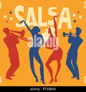 Silhouetten der beiden Mädchen Salsa tanzen. Trompeter und Posaunist im Hintergrund. Stock Vektor