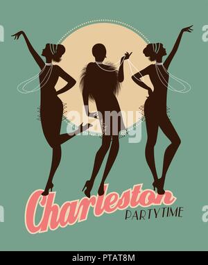 Silhouetten von drei flapper Mädchen auf einem Charleston party Poster Stock Vektor