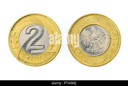 Alte verwendet zwei polnische Zloty Münze auf weißem Hintergrund. Köpfe und Schwänze - beide Seiten der polnischen Währung geld Zloty. Stockfoto