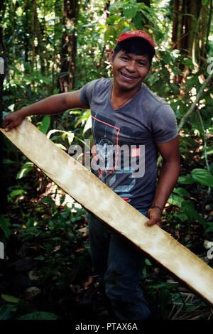 Mazedonien, Amazonien/Kolumbien - Mar 15 2016: Lokale ticuna Stammes- Mitglied mit Rinde von einem Baum ist ein Textil zu verwenden wie Material Stockfoto