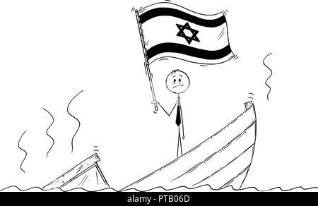 Cartoon von Politiker ständigen Deprimiert auf sinkendes Boot winken die Fahne des Staates Israel Stock Vektor