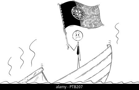 Cartoon von Politiker ständigen Deprimiert auf sinkendes Boot Winken der Flagge der Portugiesischen Republik oder Portugal Stock Vektor