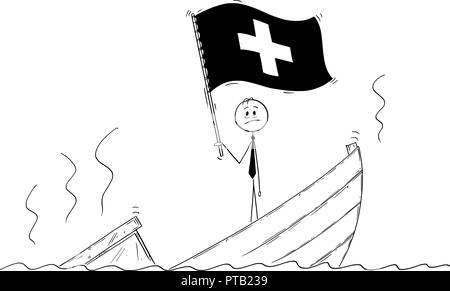 Cartoon von Politiker ständigen Deprimiert auf sinkendes Boot winken die Flagge der Schweizerischen Eidgenossenschaft oder der Schweiz Stock Vektor