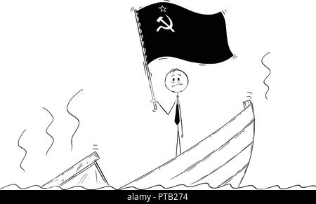 Cartoon von Politiker ständigen Deprimiert auf sinkendes Boot winken die Flagge der Sowjetunion Stock Vektor