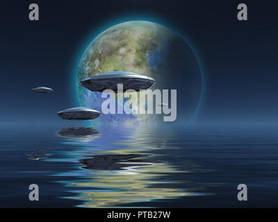 Raumschiffe fliegt über den Ozean. Terraformed Mond am Horizont Stockfoto