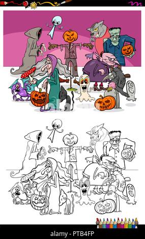 Cartoon Illustration von Halloween Zeichen Gruppe Malbuch Arbeitsmappe Stock Vektor