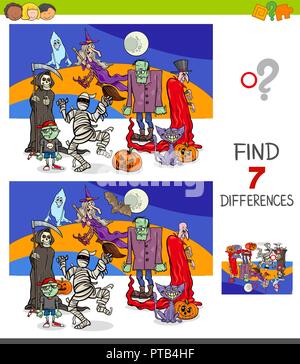 Cartoon Illustration des Findens Sieben Unterschiede zwischen Bilder Lernspiel für Kinder mit lustigen Halloween Zeichen Stock Vektor