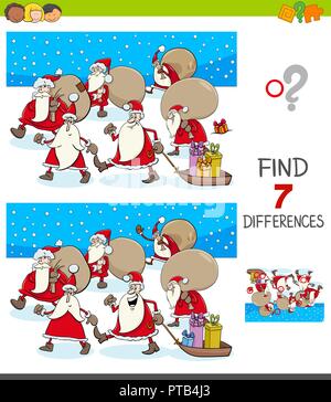 Cartoon Illustration des Findens Sieben Unterschiede zwischen Bilder Lernspiel für Kinder mit Santa Claus Weihnachten Zeichen Stock Vektor