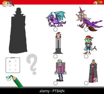 Cartoon Illustration auf das Finden der richtigen Schatten Bildungsaktivitäten für Kinder mit lustigen Halloween Zeichen Stock Vektor
