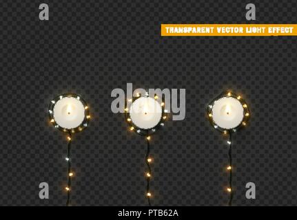 Weihnachtsbeleuchtung, isolierte realistischen Design Elemente auf transparenten Hintergrund. Weihnachten Dekorationen glow Lichtgirlanden weiße und goldene Farbe. Stock Vektor