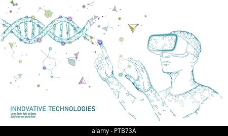 Wissenschaft Naturwissenschaften Biologie gen Konzept ändern. VR-Headset holografische Projektion virtual reality Brillen. Futuristische Medizin Forschung Gentherapie Gesundheit Analyse Labor Chemie Vector Illustration Stock Vektor