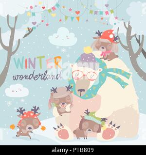 Eisbär mit niedlichen kleinen Hirsche im Schnee Wald Stock Vektor