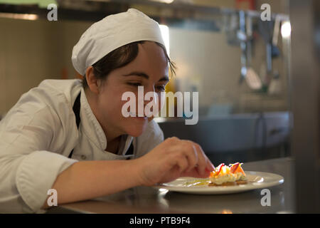 Köchin garnieren Essen auf dem Teller Stockfoto