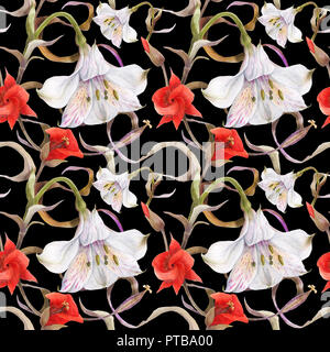 Moderne Botanischen Aquarell. Blumen Schwarz nahtlose Muster von alstroemeria und calochortus, weiße und rote Lilie. Pfad enthalten Stockfoto