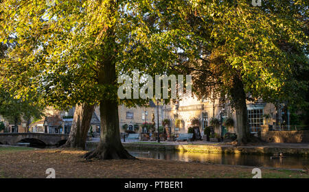 Die kingsbridge Inn und den Fluss Windrush am frühen Morgen Herbst Sonnenlicht. Bourton auf dem Wasser, Cotswolds, Gloucestershire, England. Panoramablick Stockfoto