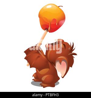 Little furry Süße geflügelte Ungeheuer will Big Candy Apple in Caramel mit Stick auf weißem Hintergrund Abblendlicht zu essen. Handgefertigte süße toffee Apple. Vektor cartoon Close-up Abbildung. Stock Vektor