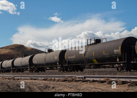 Eisenbahnkesselwagen mit Gefahrgut auf einem Abstellgleis in einem Zug Hof. Stockfoto