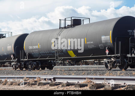 Eisenbahnkesselwagen mit Gefahrgut auf einem Abstellgleis in einem Zug Hof. Stockfoto