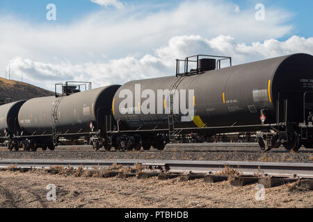 Eisenbahnkesselwagen mit Gefahrgut auf einem Abstellgleis in einem Zug Hof. Stockfoto