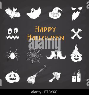 Halloween Symbole gesetzt, hand Design Elemente gezeichnet, Vector Illustration auf schiefertafel Hintergrund. Stock Vektor