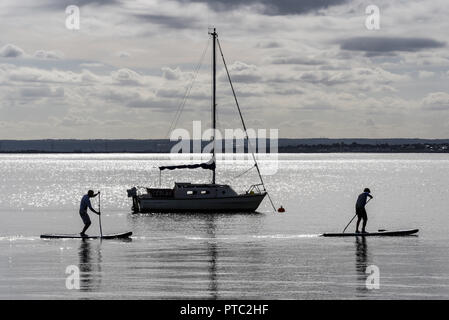 Paddelboarder genießen an einem warmen sonnigen Oktobertag die flache, ruhige Themsmündung in Southend on Sea, Essex, Großbritannien. Herbst Stockfoto