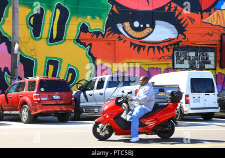 Farbenfrohe Wandmalereien im trendigen Eastern Market in Detroit, jetzt mit hippen Cafés und Lagerhallen mit Kunstwerken revitalisiert, in Michigan, USA Stockfoto