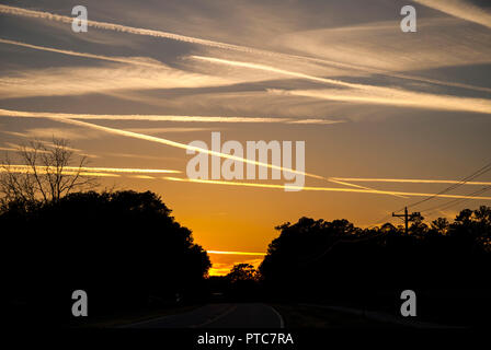 Jet Kondensstreifen kreuz und quer durch den Himmel bei Sonnenuntergang in North Central Florida. Stockfoto