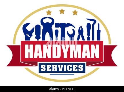 Handyman services bunt Oval vektor design für ihr Logo oder Emblem mit roter Fahne und der Arbeitnehmer. Es gibt Schraubenschlüssel, Schraubendreher, Hammer, Stock Vektor