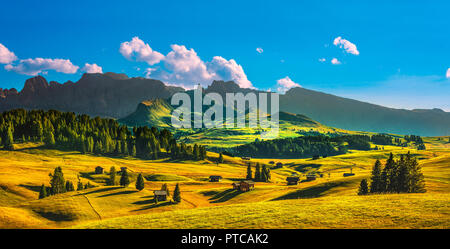 Seiser Alm oder Seiser Alm, Holzhütten, Dolomiten Alpen Trentino Alto Adige Sud Tirol, Italien, Europa Stockfoto