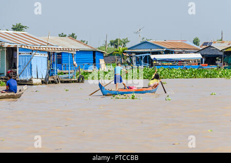 Siem Reap, Kambodscha - 11. April 2018: Einer der Schwimmenden Dörfer um Siem Reap auf dem Tonle Sap See bedeckt mit invasiven Wasserhyazinthe mit i Stockfoto