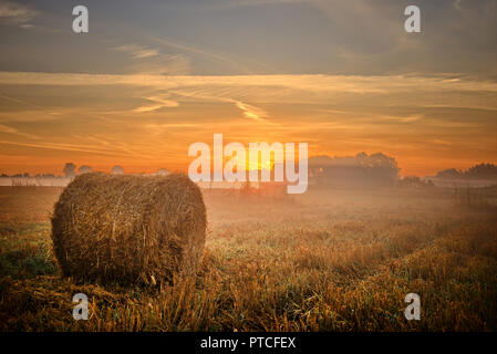 Sonnenuntergang über dem Feld mit Strohballen Stockfoto