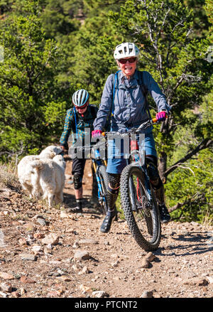 Senior Paar mit Platin farbige Golden Retriever Hunde; wenig Rainbow Trail; Colorado; USA Stockfoto