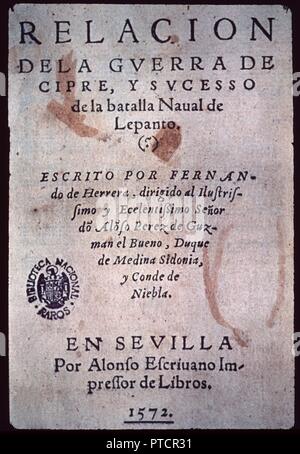 RELACION DE LA GUERRA DE CHIPRE - 1572. Autor: HERRERA, Fernando. Lage: Biblioteca Nacional - coleccion. MADRID. Spanien. Stockfoto