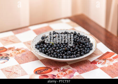 Closeup Platte von Wild, Bio Blaubeeren oder Heidelbeeren Beeren auf rustikalen Bauernhaus Landhaus Tisch in der Ukraine oder in Russland, niemand im Sommer, grün Stockfoto