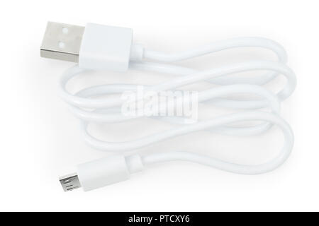 Weiß USB-Kabel auf weissem, Beschneidungspfade isoliert im Lieferumfang enthalten Stockfoto