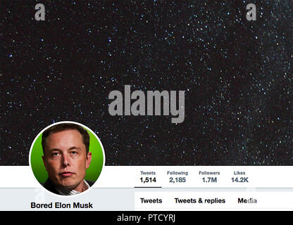 Twitter Seite für Elon Musk. Reeve Elon Musk FRS ist ein Großindustriellen und Investor. Er hält Südafrikanische, kanadischen und US-amerikanischen Staatsbürgerschaft und ist der Gründer, CEO und Lead Designer von SpaceX; Mitbegründer, CEO, und Product Architect von Tesla, Inc.; Mitbegründer und CEO von Neuralink; und Mitbegründer von PayPal. Stockfoto