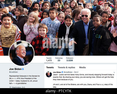 Twitter Seite für Joe Biden. Joseph Robinette Biden, Jr. ist ein US-amerikanischer Politiker, der als 47. Der Vizepräsident der Vereinigten Staaten von 2009 bis 2017 gedient. Mitglied der Demokratischen Partei vertrat er Delaware als US-Senator von 1973 bis 2009. Stockfoto