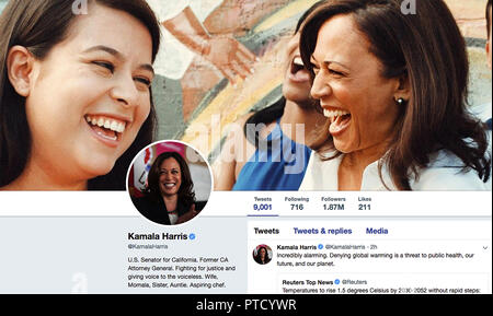 Twitter Seite für Kamala Harris. Kamala Devi Harris ist ein US-amerikanischer Rechtsanwalt und Politiker. Sie ist ein Mitglied der Demokratischen Partei. Harris hat als Junior Senator aus Kalifornien seit 2017 serviert. Sie hatte zuvor als 32. der Generalstaatsanwalt von Kalifornien von 2011 bis 2017 gedient. Stockfoto