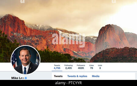 Twitter Seite für Mike Lee. Michael Shumway Lee ist ein US-amerikanischer Politiker, Autor und Rechtsanwalt, ist der Junior Senator von Utah. Eine libertäre-schiefen Republikanischen Stockfoto