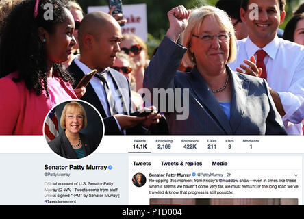 Twitter Seite für Patty Murray. Patricia Lynn Murray ist ein US-amerikanischer Politiker als Senior United States Senator von Washington, ein Sitz Sie zuerst im Jahre 1992 gewählt wurde. Mitglied der Demokratischen Partei, Murray ist der Staat Washington erste weibliche US-Senator. Stockfoto