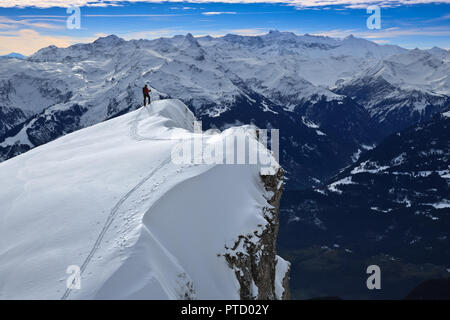 Skitourengeher auf schneebedeckten Grat zum Alvier, dahinter die Glarner Alpen, Alvier Gruppe, Appenzell Alpen, im Kanton St. Gallen Stockfoto