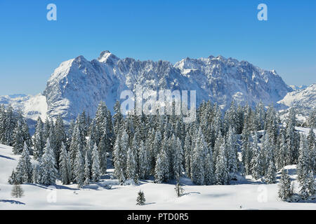 Blick vom Fellhorn zum Wilden Kaiser im Winter, Reit im Winkl, Bayern, Oberbayern, Deutschland Stockfoto
