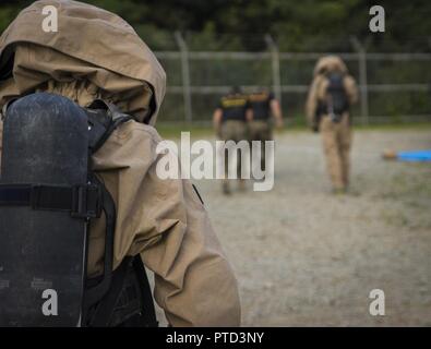 Us Marine Corps Lance Cpl. Andres Gomez, eine chemische, biologische, radiologische und nukleare Verteidigung Spezialist, beobachtet die beiden Rolle Spieler, wie sie für die Dekontamination in Pohang, Südkorea, Juni 30, 2017, Kopf, während die Koreanische Marine übung Programm 17-7. Das Szenario zur Verfügung USA und ROK Marines mit einer Gelegenheit, die notwendigen Fähigkeiten zu erkennen und CBRN-Bedrohungen identifizieren gemeinsam zu üben. KMEP ist ein kontinuierlicher bilateralen Training, fördert die Stabilität auf der koreanischen Halbinsel und verbessert die ROK und US-Allianz. Gomez ist ein Los Angeles native und mit 3 M Stockfoto