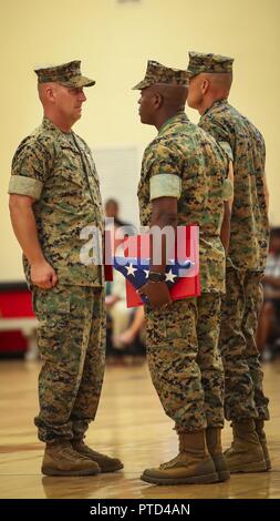 Oberst Peter D. Buck (links) erhält Auszeichnungen von Generalmajor Matthew G. Glavy (rechts) und Sgt. Maj. Derrick M. Mays (Mitte) bei einem Befehl Zeremonie an Bord der Marine Corps Air Station Beaufort, Juli 7. Oberst Peter Buck Befehl verzichtet der Air Station zu oberst Timothy S. Miller, der zuletzt bei der US Pacific Command als Warfighting Übungen Branch Chief serviert. Buck, der Befehl am 13.02.2014 angenommen, zieht sich aus dem Marine Corps nach 30 Jahren des engagierten Service. Stockfoto