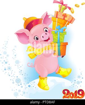 Gelbe erdigen Schwein mit Geschenkboxen. Cute Symbol der chinesischen Horoskop. Stock Vektor