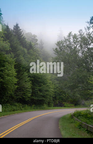 Niedrige Wolken Decke, einem Pass auf einer schmalen Straße, die sich durch die Appalachen Stockfoto